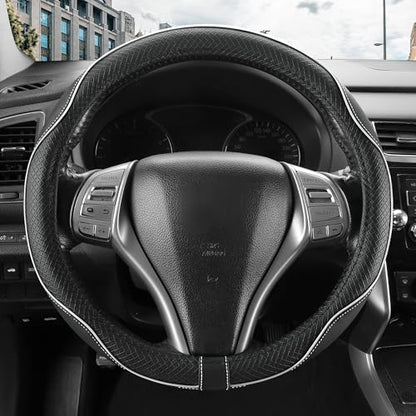 Leather Car Steering Wheel Cover,Anti-Slip, Safety,Soft,Breathable,Heavy Duty,Thick,Full Surround, Sports Style,Universal Car Accessories for Women Men Fit 14" 1/2-15"(Black with White line) - color: Black White Line