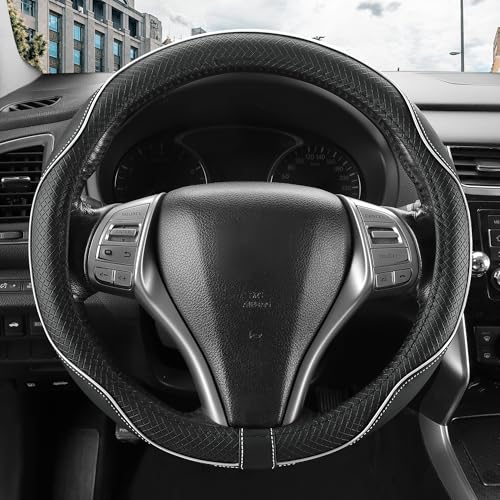 Leather Car Steering Wheel Cover,Anti-Slip, Safety,Soft,Breathable,Heavy Duty,Thick,Full Surround, Sports Style,Universal Car Accessories for Women Men Fit 14" 1/2-15"(Black with White line) - color: Black White Line