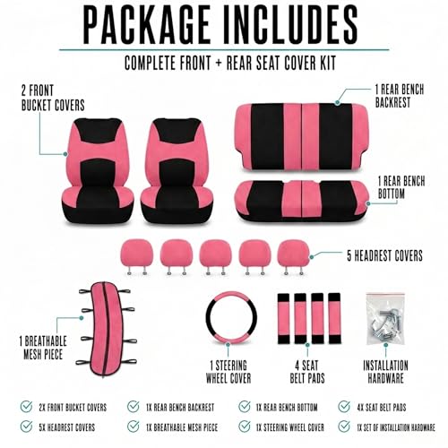FH Group Full Set Cloth Car Seat Covers, Universal Fit combo, Low Back Front Seat Covers, Airbag Compatible, Split Bench Rear Seat, Washable Seat Cover for SUV, Sedan, Van, Pink - color: Pink