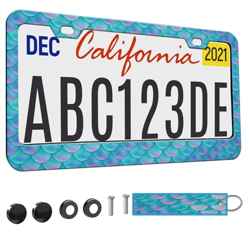 1pcs Blue Fish Scale patternt License Plate Frame for Women, Mermaid Fish Scale car Decorative tag Frames Girly, Blue Scales License Plate Cover Holder for Vehicle with Double Sided car Keychain tag - color: for blue fish scale patternt, size: 1pcs
