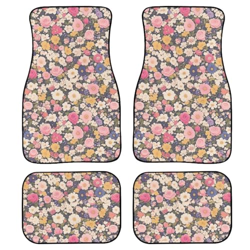 Cosmos Rose Carpet Vehicle Floor Mats Retro French Rural Daisy Flower 4Piece Universal Floor Mat Interior Colorful Ditsy Floral Accessories Ant Slip Mats for 1st Row - color: Cosmos Rose Flower