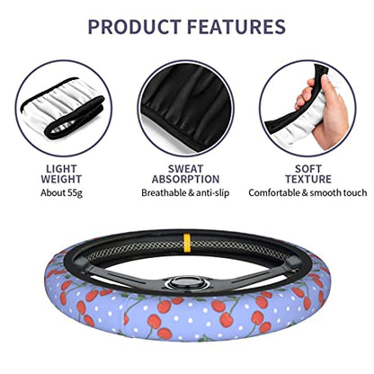 Purple Cherry Steering Wheel Cover for Women Men with 2 Pcs Car Coasters, Universal 14.5-15 Inch Rainbow Steering Wheel Covers Non-Slip Car Accessories for Girls - color: cherry