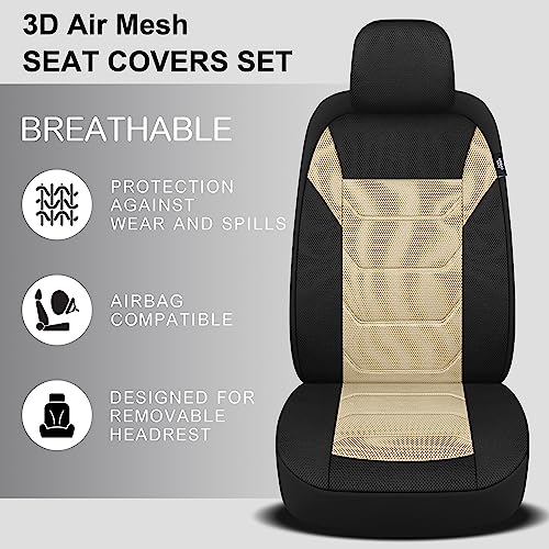 3D Air Mesh Car Seat Cover Full Sets Washable and Breathable Premium Cloth Automotive Vehicle Seat Covers for Cars Interior, Universal Fit for Most Cars, Sedan, Truck, SUV(Black/Beige)