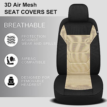 3D Air Mesh Car Seat Cover Full Sets Washable and Breathable Premium Cloth Automotive Vehicle Seat Covers for Cars Interior, Universal Fit for Most Cars, Sedan, Truck, SUV(Black/Beige)