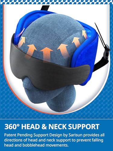 SARISUN Travel Pillows for Airplanes, Airplane Pillow with 3D Eye Mask for Sleeping, 360° Support Headrest for Long Flight, Road Trip, Stop Bobblehead Travel Essential Airplane Sleep Head Strap, Blue - color: Blue