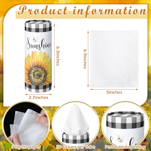 12 Pack Sunflower Tissue Boxes for Car Cylinder Bulk Black White Plaid Flower Round Cylinder Holder with 3 Ply Facial Tissues for Spring Summer Travel Bathroom Office Decoration - style: Sunflower