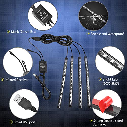 Nilight 48 LEDs DC 5V Multicolor Music Car Strip Light Under Dash Lighting Kit with Sound Active Function and Wireless Remote Control, 2 Years Warranty, 4PCS USB Interior Lights - color: 4PCS USB Interior Lights