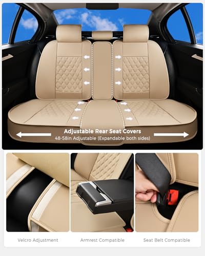 Huidasource Beige Rear Seat Cover, Nappa Leather Back Seat Cover Velcro Adjustable, Compatible with Seat Belts, Child Safety Seats, Fit for Most Cars SUVs Trucks (Back Row/Beige) - color: 01R# Beige01, size: Back Seat Cover