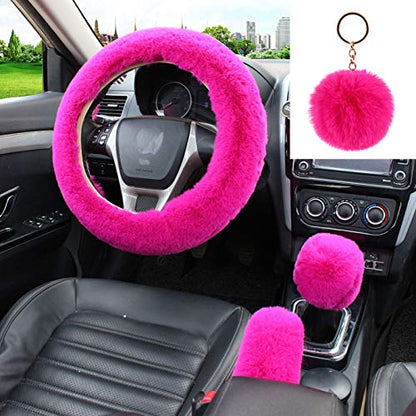 WenMei 4PCS Set Fluffy Steering Wheel Covers with Handbrake Cover&Gear Shift Cover&Plush Keychain Furry Steering Wheel Cover for Women Girl Fashion Warm Car Wheel Protector Fit Most Car (Rose red) - color: Rose red