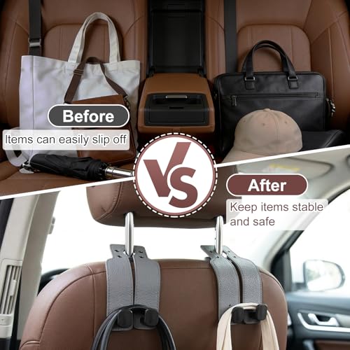 2Pcs Headrest Hooks for Car, Car Purse Hook, Double Leather Car Seat Back Storage Hook for Handbags Purses Bags (Brown)