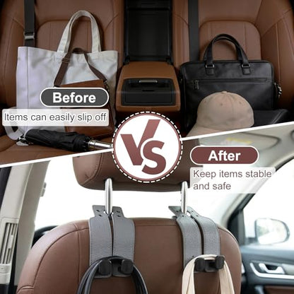 2Pcs Headrest Hooks for Car, Car Purse Hook, Double Leather Car Seat Back Storage Hook for Handbags Purses Bags (Brown)