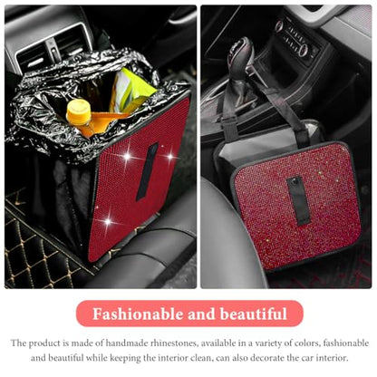 Car Foldable Trash Can, Bling Rhinestone Oxford Garbage Container Hanging Waterproof Organizer, Mini Crystal Dustbin Waste Basket Leakproof Trash Bin for Car Office Kitchen (Red) - color: Red
