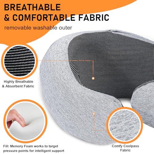 Travel Pillow - Hooded Neck Pillow Airplane Memory Foam Filling for Plane, Cars Sleeping, Road Trip, Long Flights, Airplane Travel Essentials, Includes Eye Mask & Earplugs (Light Gray) - color: Light Gray