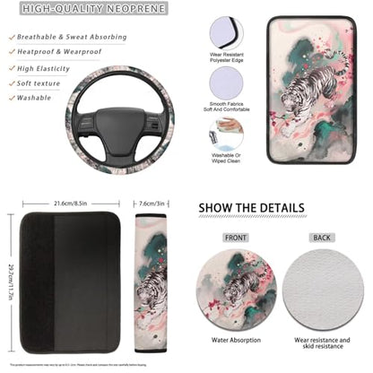 Car Seat Cover Full Sets, Set of 16, Tiger Flower Printed High Back Car Front Rear Seat Covers with Steering Wheel Cover Seatbelt Pads Armrest Pads Gear Shift and Handbrake Covers Coaster - color: White and Pink - Tiger Flower