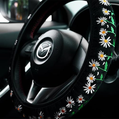 Embroidered Cute Daisy Black Steering Wheel Cover,Flower Steering Wheel Cover Protector for Women,Universal Fit Most Cars -15 inch - color: Black