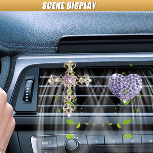 2PCS Bling Cross & Heart Car Dashboard Air Vent Trim Clip, Sparkly Rhinestone Car Air Vent Clips, Diamond Auto Diffuser Charm Clip, Auto Interior Decoration Accessory for Women Girls (Purple) - size: Purple