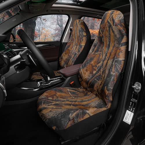 TOYOUN Camo Universal Front Car Seat Covers Waterproof Highback Bucket Seat Covers-Fit Most Cars, Trucks, SUVS, Vans 2 PCS Auto Fabric Seat Covers Camouflage Forest Pattern Car Seat Protector - color: brown