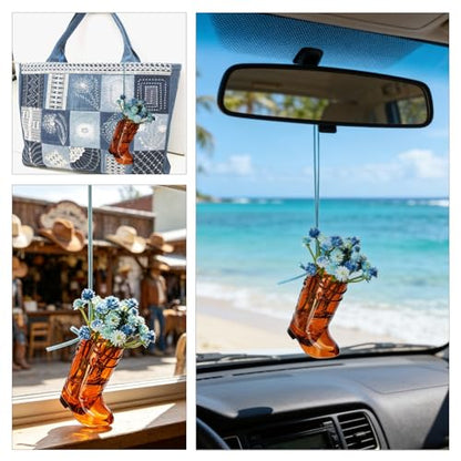 Cowboy Boot Car Charm Country Rear View Mirror Wildflower Bouquet Car Mirror Charm Western Car Accessories Blue Bow Hanging Cute Car Decor Ornament Pendent for Women Man