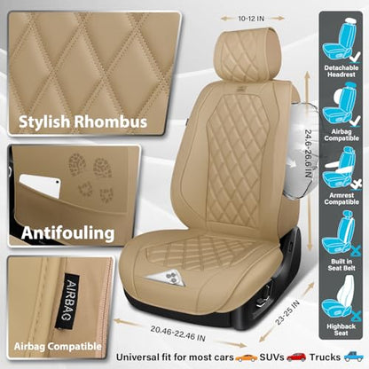CAR PASS Luxury Nappa Leather Seat Covers Full Set, 3D Rhombus Waterproof Faux Leather Seat Covers, Universal Automotive Seat Cushion Fit for Most Sedan SUV Truck Van, Armrest Airbag Compatible Beige - color: beige
