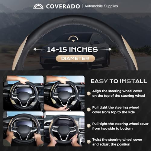 Coverado Car Steering Wheel Cover, Nappa Leather Black & Brown Steering Wheel Covers, Universal 14-15 inch, Anti-Slip, Breathable Steering Wheel Protector for Women Men - color: B-BlackBrown