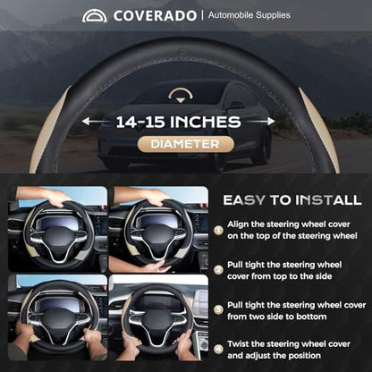 Coverado Car Steering Wheel Cover, Nappa Leather Black & Brown Steering Wheel Covers, Universal 14-15 inch, Anti-Slip, Breathable Steering Wheel Protector for Women Men - color: B-BlackBrown