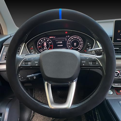 Carodi Suede Steering Wheel Cover ， Non-Slip Leather Car Interior Fitting 15-inch Universal - color: Black (blue lable)
