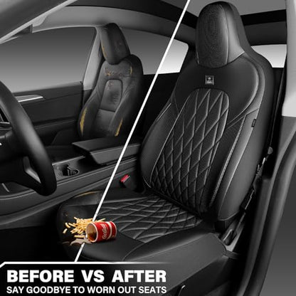 CAR PASS Nappa Leather High Back Front Seat Covers, Tesla Model 3 Model Y Breathable Faux Leather Front Bucket Seat Covers, Anti-Slip Airbag Compatible Universal Fit for Sedan SUV Van Truck, Black - color: Black High Back, size: Two Front