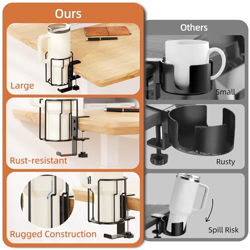 Large Desk Cup Holder, 2-in-1 Clip On Cup Holder with Headphone Hook, Heavy-Duty Metal Drink Holder for Insulated Tumblers, Big Water Bottles, Fits Office Desk Organizer, Dorm, Gaming Setup (1 Pack) - color: Black- 1 Pack