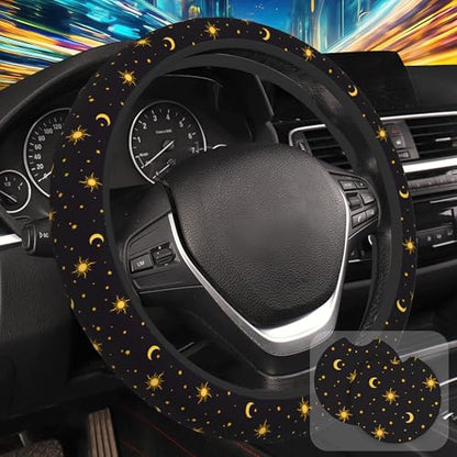 Sun Moon Star Steering Wheel Cover with 2 Pcs Car Coasters Neoprene Steering Wheel Cover for Women Men Anti-Slip Breathable Car Accessories Universal 15 Inch Fit Auto Cars Trucks - color: Sun Moon Star