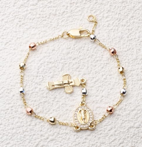 Gold Plated Beads Catholic Guadalupe Car Rearview Mirror Rosary Hanging Charm Chain for Women with Gift Box - color: Big-Faceted Beads