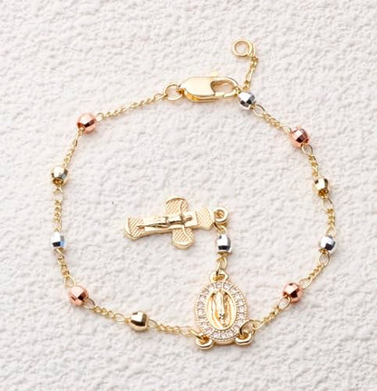 Gold Plated Beads Catholic Guadalupe Car Rearview Mirror Rosary Hanging Charm Chain for Women with Gift Box - color: Big-Faceted Beads