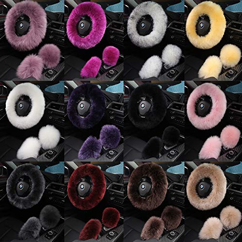 3Pcs Set Fashion Fluffy Fuzzy Wool Fur Soft Car Steering Wheel Cover with Handbrake Cover & Gear Shift Cover for Women/Girls/Ladies Auto Long Wool Accessories, Pink