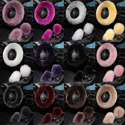 3Pcs Set Fashion Fluffy Fuzzy Wool Fur Soft Car Steering Wheel Cover with Handbrake Cover & Gear Shift Cover for Women/Girls/Ladies Auto Long Wool Accessories, Pink