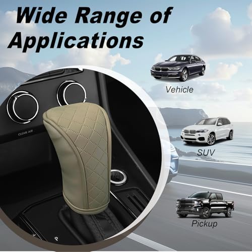 Car Gear Shift Cover, Leather Gear Shift Knob Cover, Diamond Quilted Design, Stick Shifter Knob Protector Anti-scratch Non-slip, for Truck Cars SUVs Auto Interior Accessories (Beige)