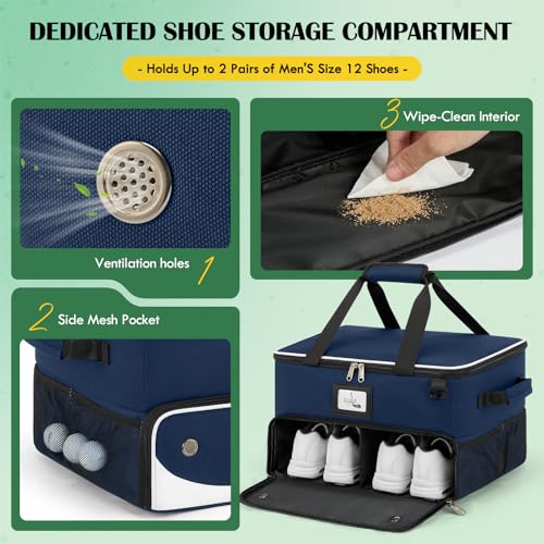 RAINSMORE Golf Trunk Organizer Golf Bag Organizers Golf Shoe Bag with Separate Ventilated Compartment for 2 Pair Shoes Golf Accessories for Balls, Gloves, Clothes - color: Blue
