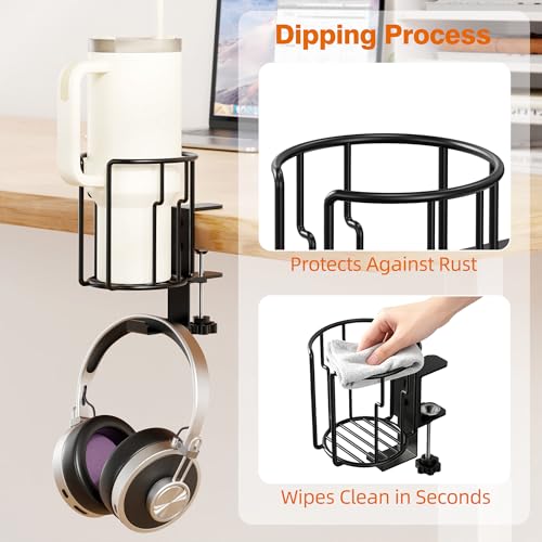 Large Desk Cup Holder, 2-in-1 Clip On Cup Holder with Headphone Hook, Heavy-Duty Metal Drink Holder for Insulated Tumblers, Big Water Bottles, Fits Office Desk Organizer, Dorm, Gaming Setup (1 Pack) - color: Black- 1 Pack