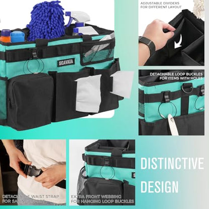 Wearable Cleaning Caddy Bag, Cleaning Caddy Supplies Organizer with Handle & Shoulder Straps for Housekeepers, Under Sink & Car Cleaning Tool Organizers with 4 Foldable Divider (Lake Blue)