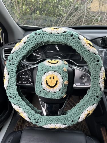 Handmade Crochet Sun Smiling face Car Steering Wheel Covers Universal 14-15 inch,Cute Steering Wheel Cover,Car Accessories (Sun Wheel Cover+2 Belt Cover) - color: Sun Wheel Cover+2 Belt Cover
