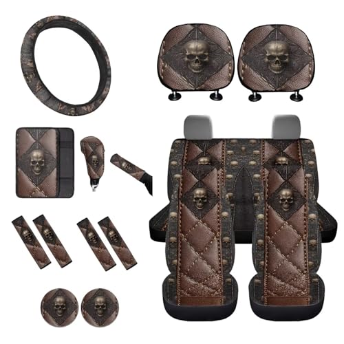 16 Pcs Car Accessories Set for Women Men, Vintage Skull Print Car Seat Cover Set with Steering Wheel Cover Safety Belt Pads Arm Rest Covers Car Seat Headrests Covers Cup Coaster Keychain - color: Brown - Vintage Skull