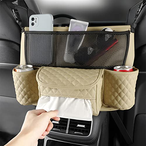 XINLIYA Car Handbag Holder Between Seats, PU Leather Multi-Pocket Large Capacity Purse Holder, Auto Net Bag Barrier of Backseat Pet Kids, Car Seat Organizers and Storage for Cargo Tissue Cup（Beige） - color: Beige