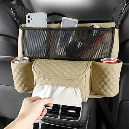 XINLIYA Car Handbag Holder Between Seats, PU Leather Multi-Pocket Large Capacity Purse Holder, Auto Net Bag Barrier of Backseat Pet Kids, Car Seat Organizers and Storage for Cargo Tissue Cup（Beige） - color: Beige