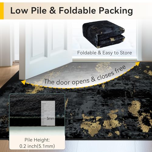 RELEANY Washable Area Rugs 8'x10' Non-Slip Modern Abstract Soft for Living Room Entryway Bedroom Nursery, Print Pattern, Dark Black Gold