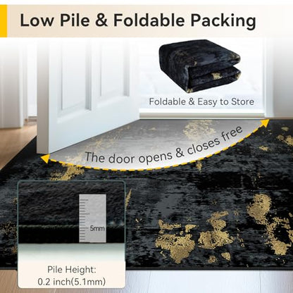 RELEANY Washable Area Rugs 8'x10' Non-Slip Modern Abstract Soft for Living Room Entryway Bedroom Nursery, Print Pattern, Dark Black Gold