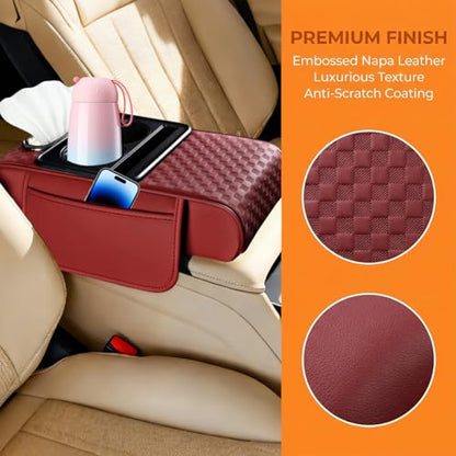 Car Center Console Armrest Pillow, 5-in-1 Armrest Box Cover with Cup Phone Holder & Storage Pocket Tissue Box, Multifunctional Auto Middle Console Arm Rest Protector, Universal Fit (Red) - color: Red