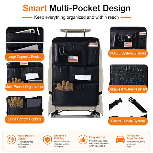 Tactical Car Seat Back Organizer, 600D Nylon MOLLE Seat Organizer with 6 Pockets, Hook and Loop Panel, Universal Fit for Car SUV Truck Jeep, Black
