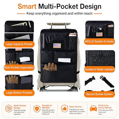 Tactical Car Seat Back Organizer, 600D Nylon MOLLE Seat Organizer with 6 Pockets, Hook and Loop Panel, Universal Fit for Car SUV Truck Jeep, Black