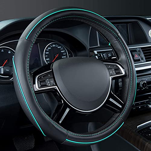 Car Pass Colour Piping Leather Universal Fit Steering Wheel Cover,Perfectly fit for 14.5-15 inches for Various Vehicles SUVs,Vans,Sedans,Cars (Black & Mint) - color: Black and Mint