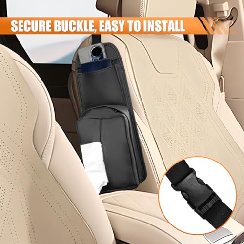 Car Seat Side Organizer, Waterproof Leather Car Tissue Holder, 2 in 1 Multifunctional Mesh Net Pocket for Phone Wallet, Universal Vehicle Hanging Storage Box for Cars, SUVs, Trucks (Black)