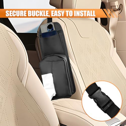 Car Seat Side Organizer, Waterproof Leather Car Tissue Holder, 2 in 1 Multifunctional Mesh Net Pocket for Phone Wallet, Universal Vehicle Hanging Storage Box for Cars, SUVs, Trucks (Black)