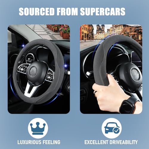 14 inch Black Suede Steering Wheel Cover, Breathable Non-Slip Sweat-Proof Wear-Resistant No Pilling, Warm in Winter and Cool in Summer - color: Black, size: Round-S[13.5''-14'']